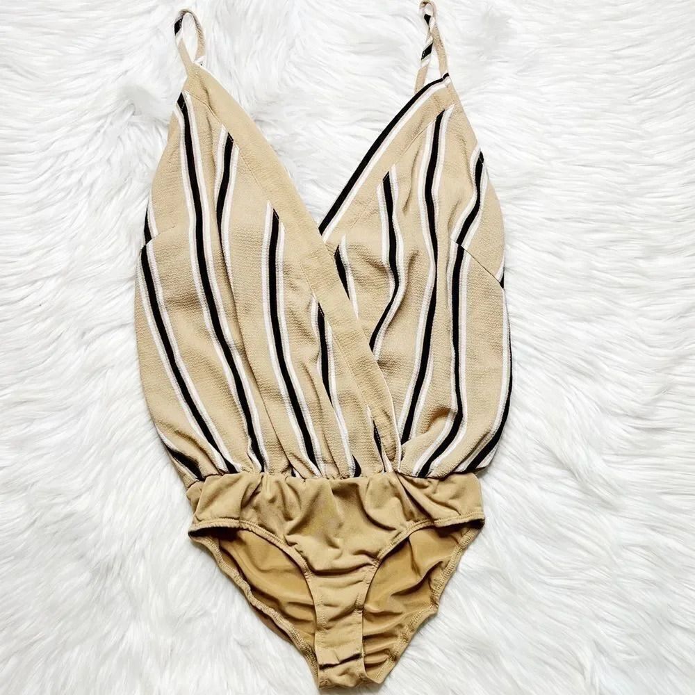 Charlotte Russe V Neck Striped Bodysuit Tan and Black Size XS